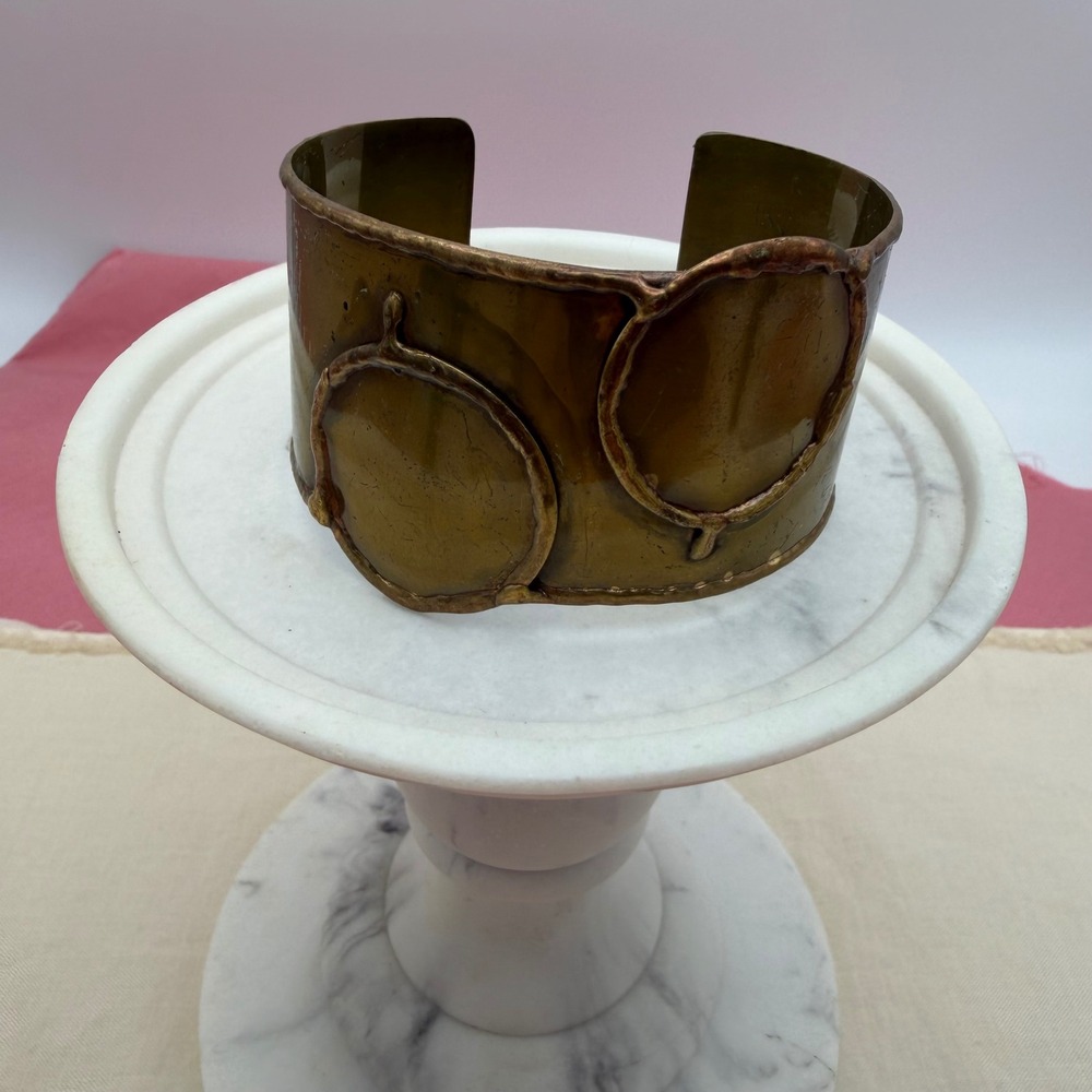 Vintage Brass Cuff Bracelet Wide Artisan Mixed Metal Statement Jewelry